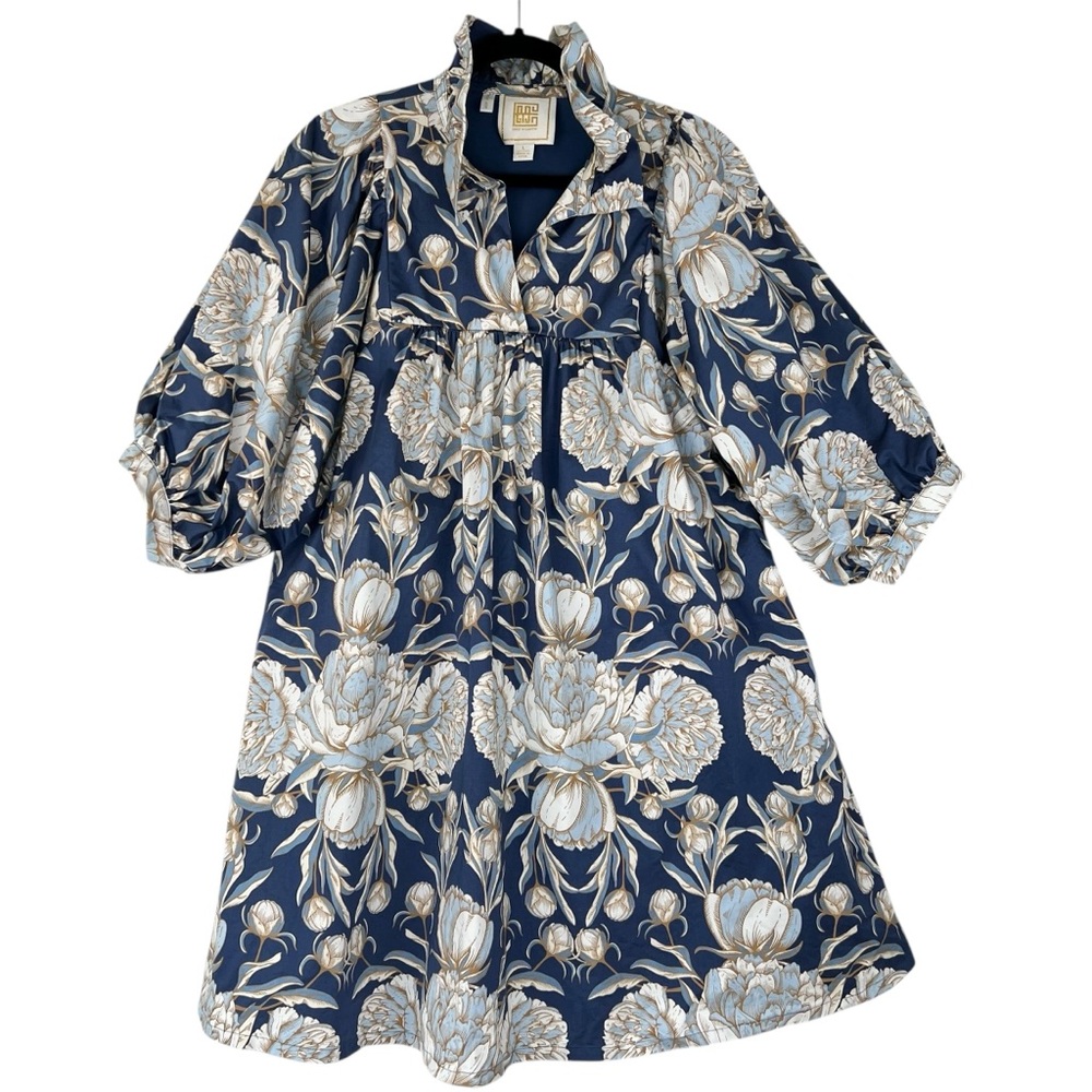 Navy Floral Midi Dress with Ruffle Collar Stella